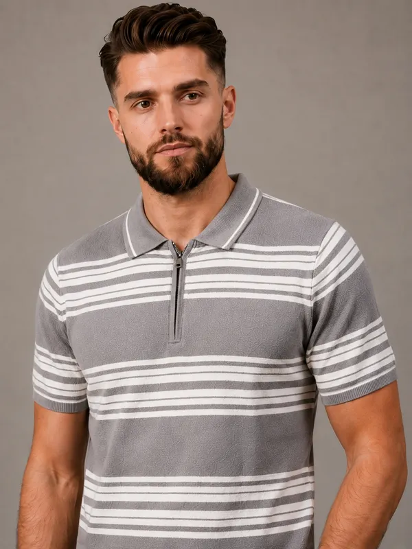 Grey_Towel_Knit_Striped_Polo_With_Zip_T-Shirt_For_Men