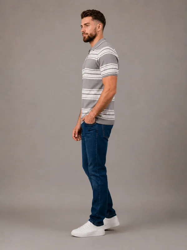 Grey_Towel_Knit_Striped_Polo_With_Zip_T-Shirt_For_Men