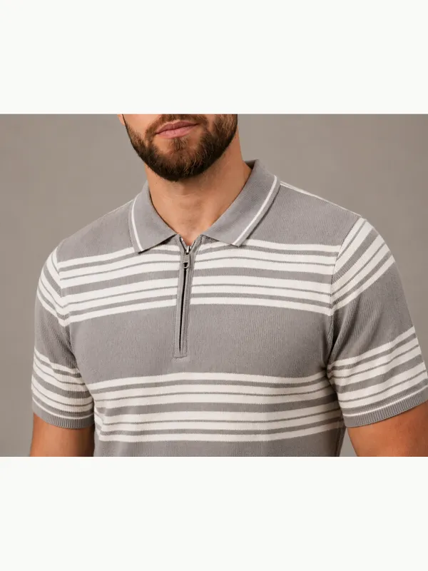 Grey_Towel_Knit_Striped_Polo_With_Zip_T-Shirt_For_Men