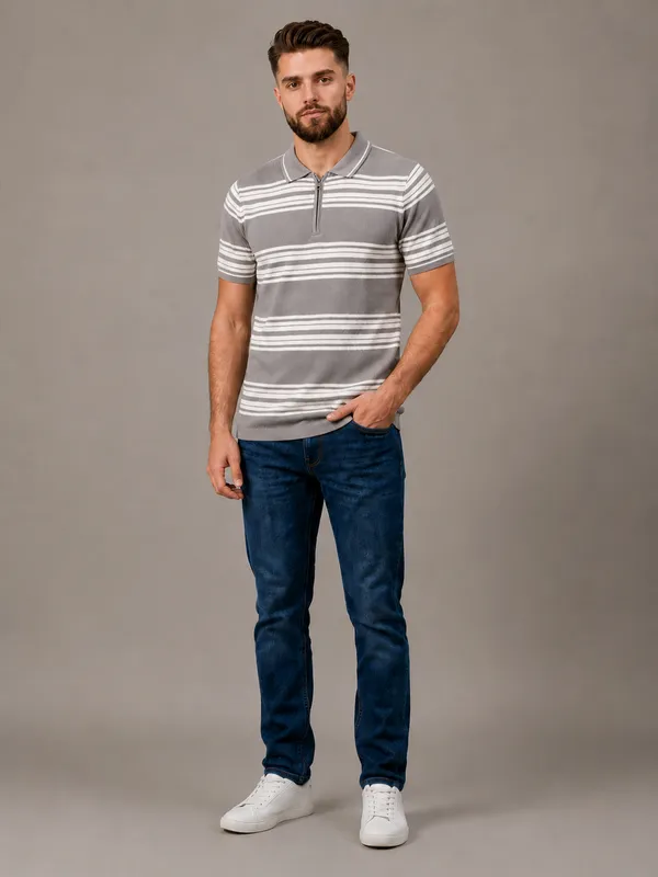 Grey_Towel_Knit_Striped_Polo_With_Zip_T-Shirt_For_Men