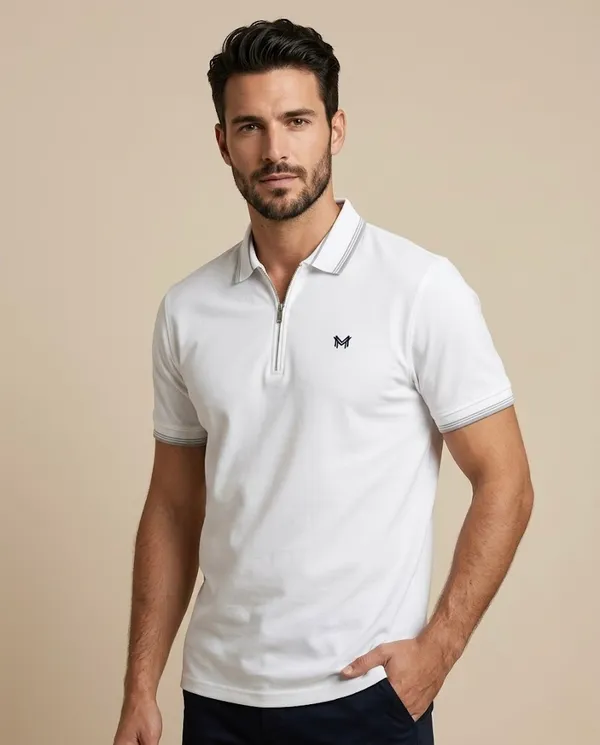 White_Cotton_Tipped_Polo_Shirt_With_Zip_T-Shirt_For_Men
