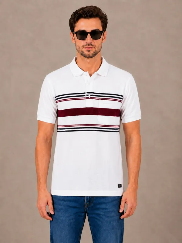 White_&_Red_Striped_Popcorn_Knit_Polo_T-Shirt_For_Men
