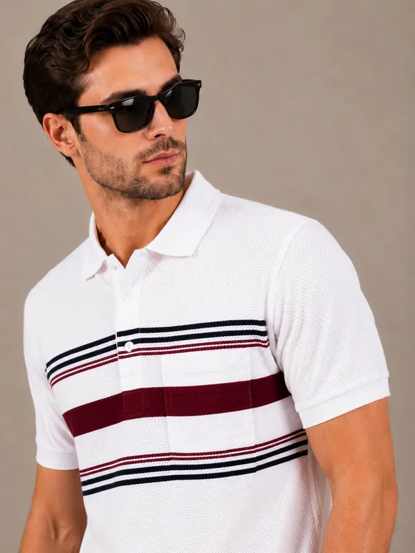 White_&_Red_Striped_Popcorn_Knit_Polo_T-Shirt_For_Men