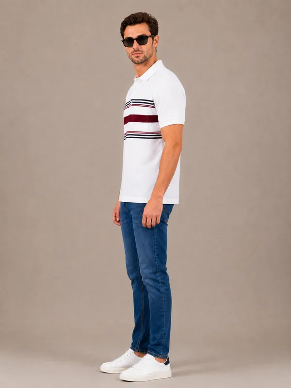 White_&_Red_Striped_Popcorn_Knit_Polo_T-Shirt_For_Men