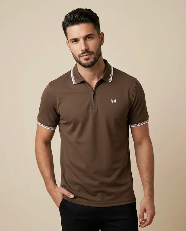 Chocolate_Brown_Cotton_Tipped_Polo_Shirt_With_Zip_T-Shirt_For_Men
