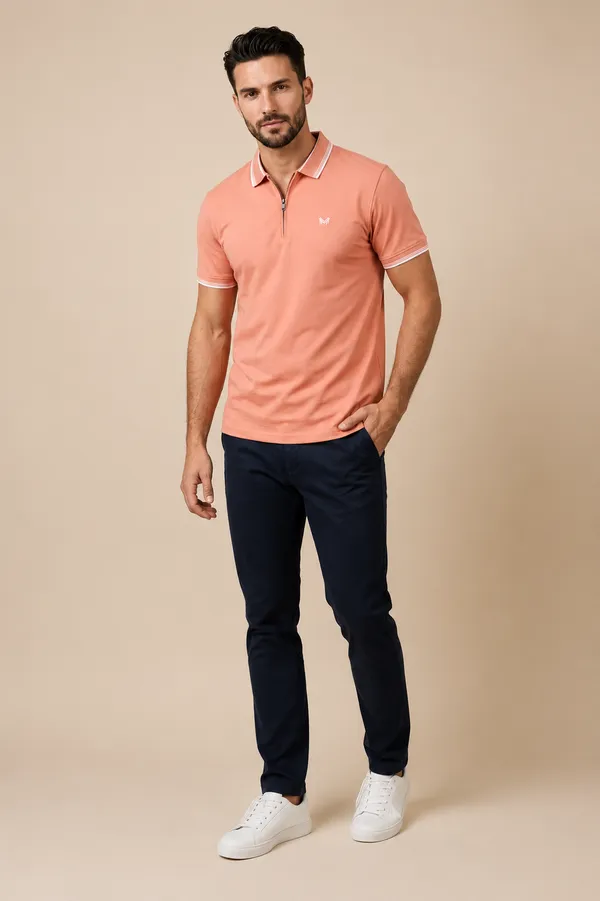 Peach_Cotton_Tipped_Polo_Shirt_With_Zip_T-Shirt_For_Men