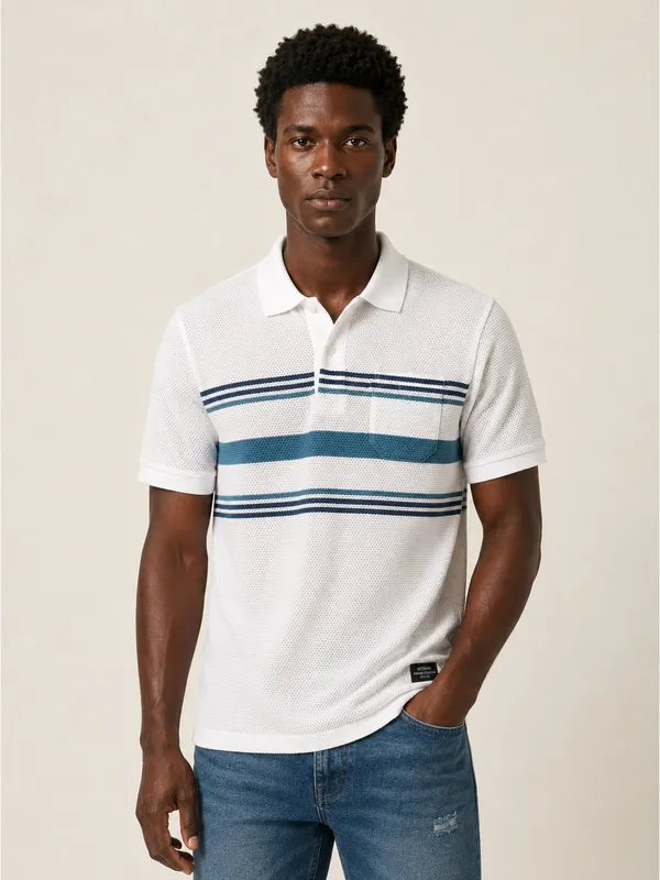 White_&_Teal_Striped_Popcorn_Knit_Polo_T-Shirt_For_Men