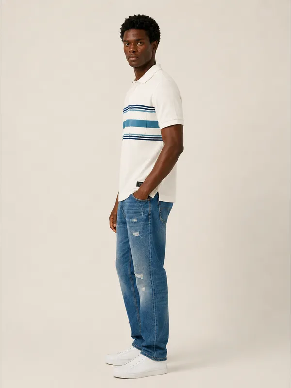 White_&_Teal_Striped_Popcorn_Knit_Polo_T-Shirt_For_Men