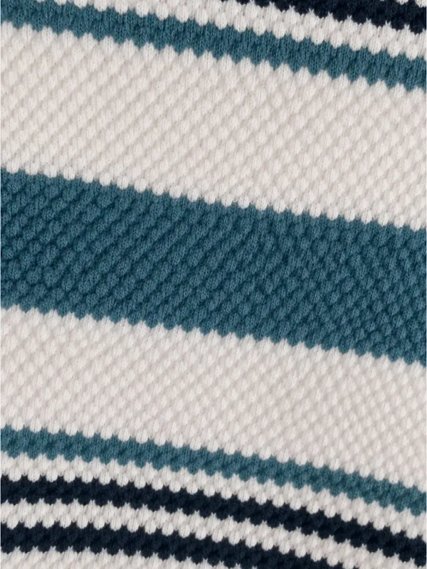 White_&_Teal_Striped_Popcorn_Knit_Polo_T-Shirt_For_Men