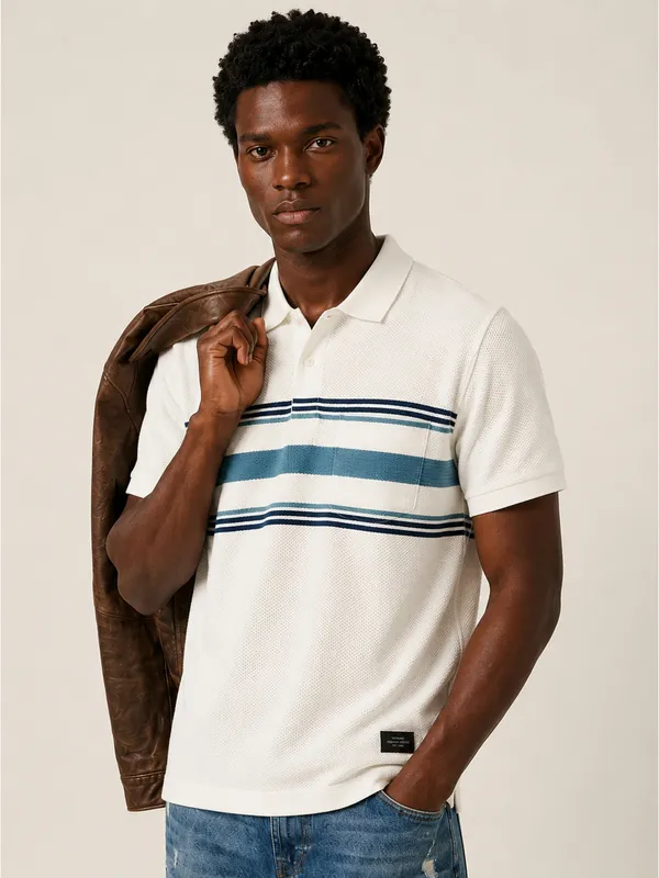 White_&_Teal_Striped_Popcorn_Knit_Polo_T-Shirt_For_Men
