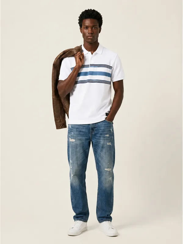 White_&_Teal_Striped_Popcorn_Knit_Polo_T-Shirt_For_Men