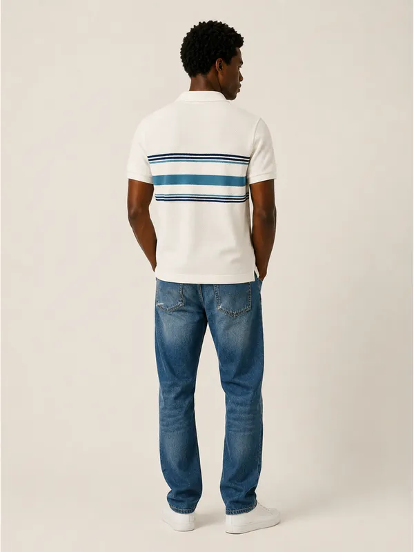 White_&_Teal_Striped_Popcorn_Knit_Polo_T-Shirt_For_Men