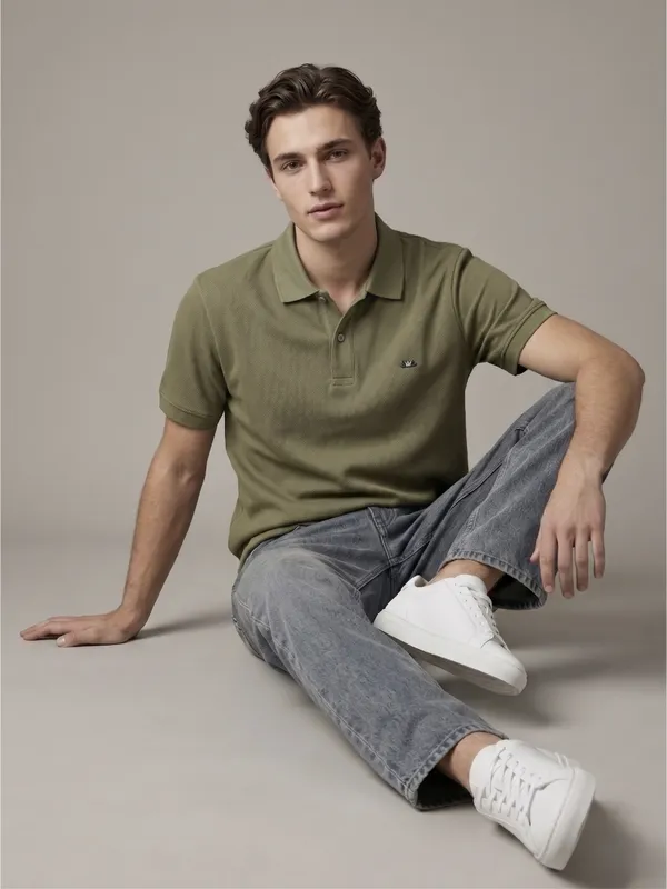 Olive_Green_Dobby_Textured_Polo_T-Shirt_For_Men