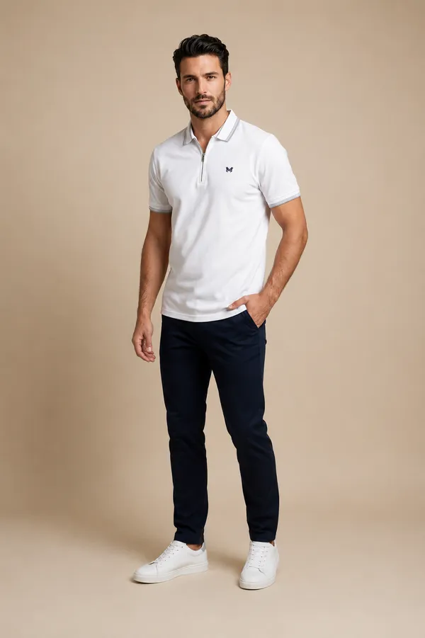 White_Cotton_Tipped_Polo_Shirt_With_Zip_T-Shirt_For_Men