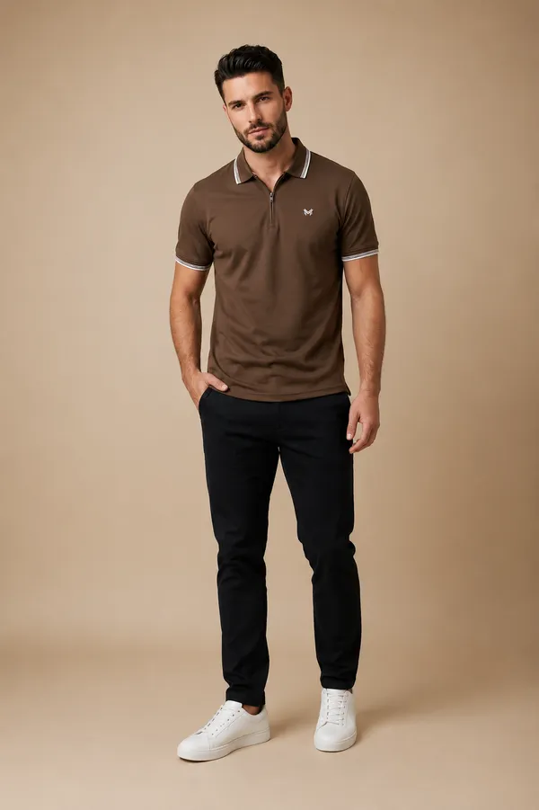 Chocolate_Brown_Cotton_Tipped_Polo_Shirt_With_Zip_T-Shirt_For_Men