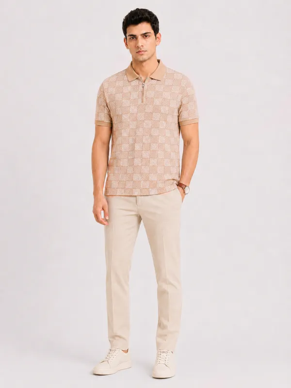 Beige_Pulse_Grid_Printed_Zipper_Polo_T-Shirt