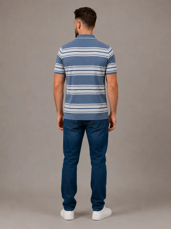 Blue_Towel_Knit_Striped_Polo_With_Zip_T-Shirt_For_Men