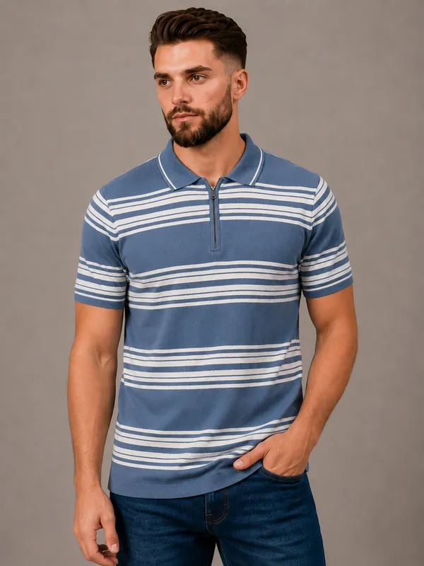 Blue_Towel_Knit_Striped_Polo_With_Zip_T-Shirt_For_Men