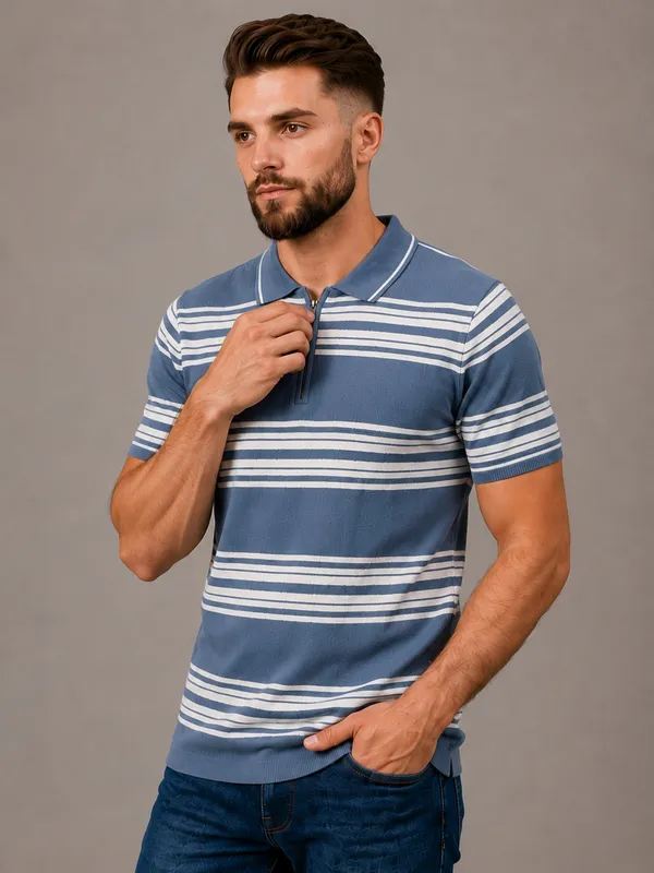 Blue_Towel_Knit_Striped_Polo_With_Zip_T-Shirt_For_Men