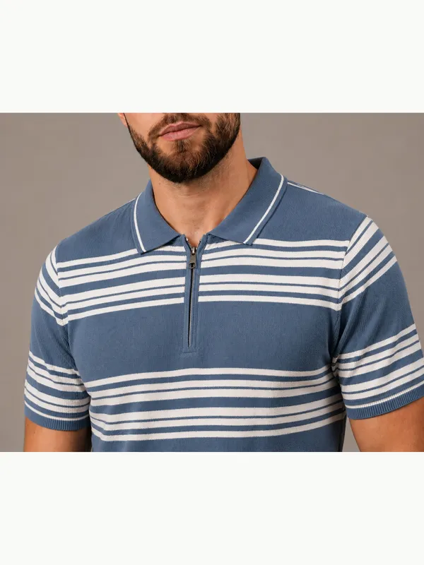 Blue_Towel_Knit_Striped_Polo_With_Zip_T-Shirt_For_Men