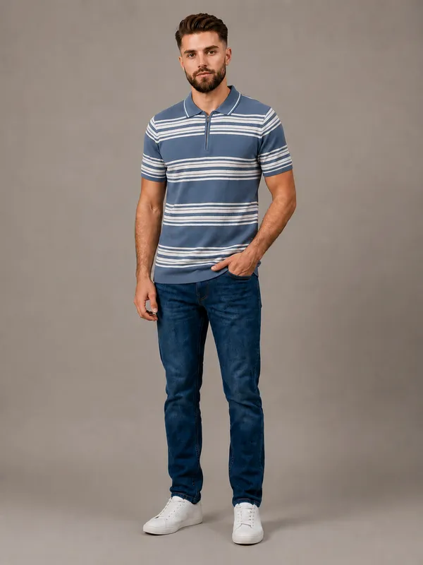 Blue_Towel_Knit_Striped_Polo_With_Zip_T-Shirt_For_Men