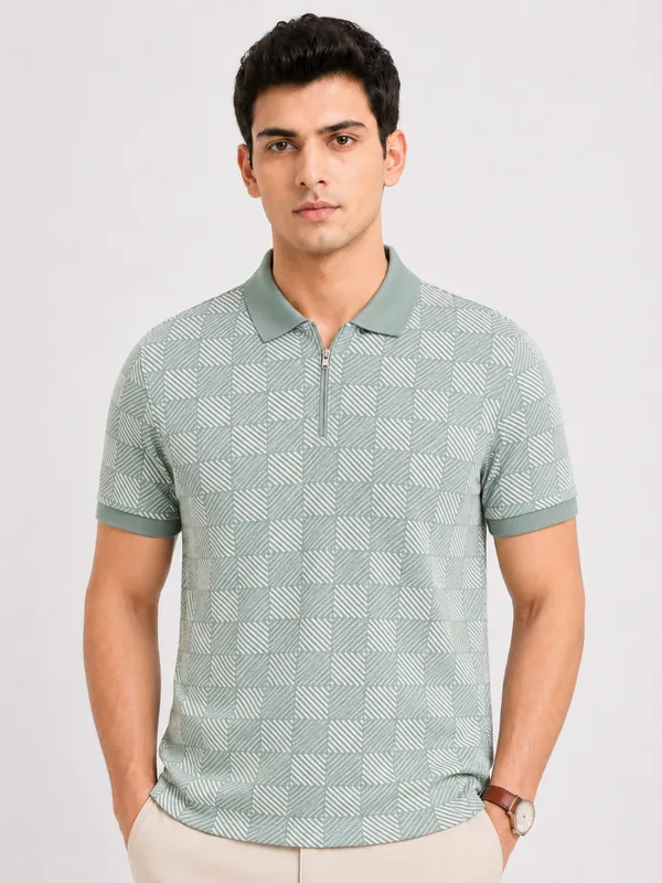 Sea_Green_Pulse_Grid_Printed_Zipper_Polo_T-Shirt
