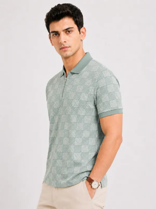 Sea_Green_Pulse_Grid_Printed_Zipper_Polo_T-Shirt