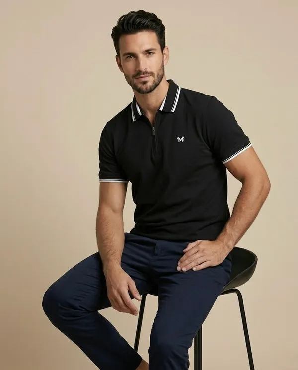 Black_Cotton_Tipped_Polo_Shirt_With_Zip_T-Shirt_For_Men