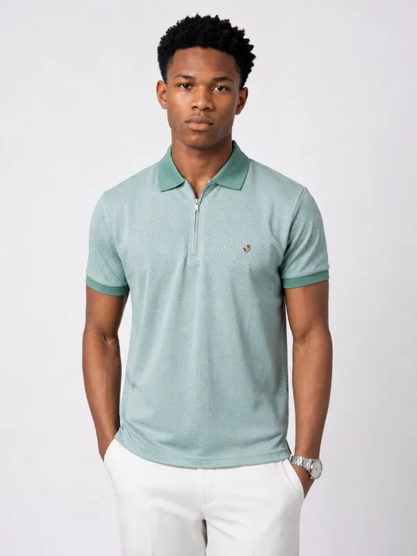 Sea_Green_Arrowhead_Printed_Zipper_Polo_T-Shirt