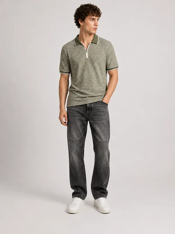 Green_&_White_Coastline_Striped_Knit_Polo_With_Zip_T-Shirt_For_Men