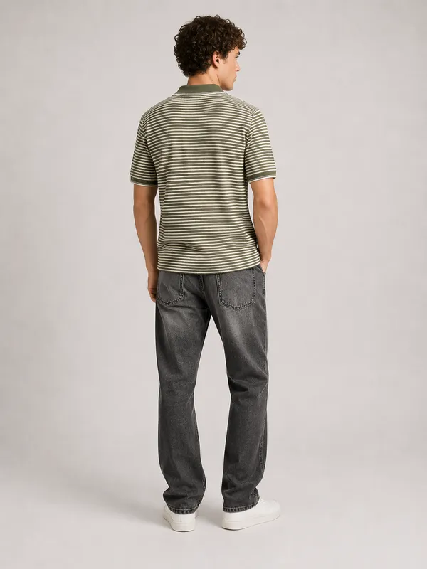 Green_&_White_Coastline_Striped_Knit_Polo_With_Zip_T-Shirt_For_Men