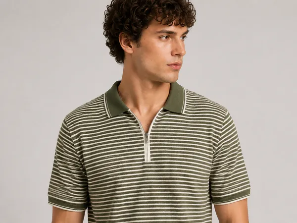 Green_&_White_Coastline_Striped_Knit_Polo_With_Zip_T-Shirt_For_Men