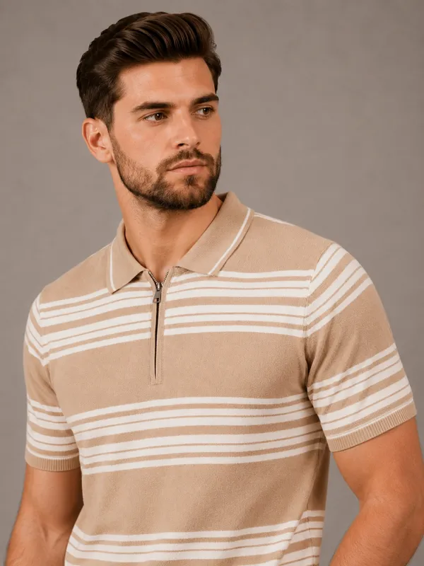 Beige_Towel_Knit_Striped_Polo_With_Zip_T-Shirt_For_Men