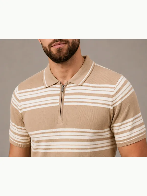 Beige_Towel_Knit_Striped_Polo_With_Zip_T-Shirt_For_Men