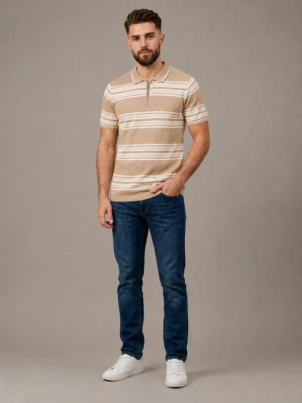 Beige_Towel_Knit_Striped_Polo_With_Zip_T-Shirt_For_Men