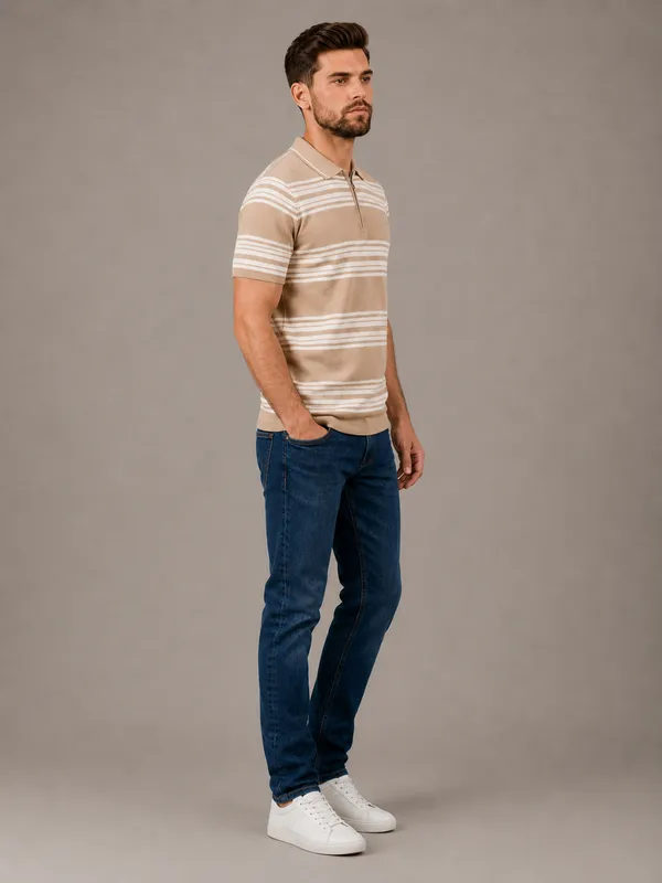 Beige_Towel_Knit_Striped_Polo_With_Zip_T-Shirt_For_Men