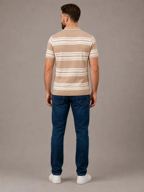 Beige_Towel_Knit_Striped_Polo_With_Zip_T-Shirt_For_Men