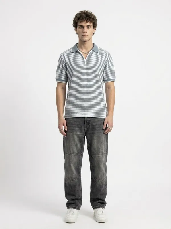 Steel_Grey_&_White_Coastline_Striped_Knit_Polo_With_Zip_T-Shirt_For_Men