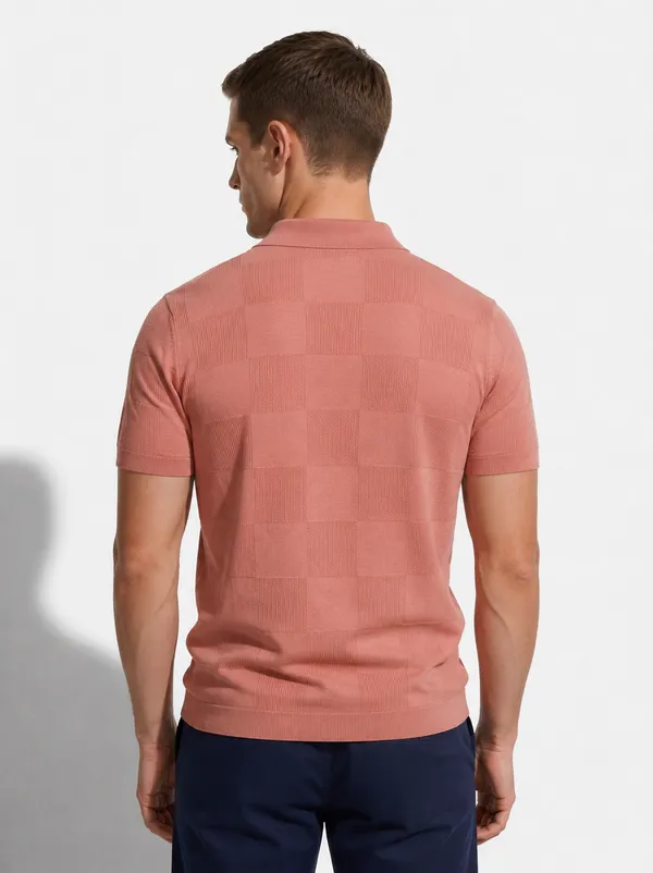 Salmon_Peach_Checks_Textured_Knitted_Polo
