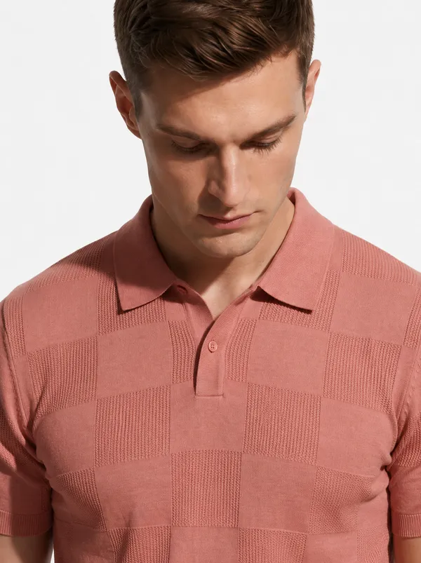 Salmon_Peach_Checks_Textured_Knitted_Polo