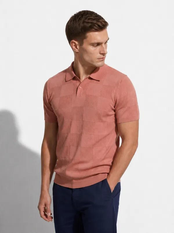Salmon_Peach_Checks_Textured_Knitted_Polo