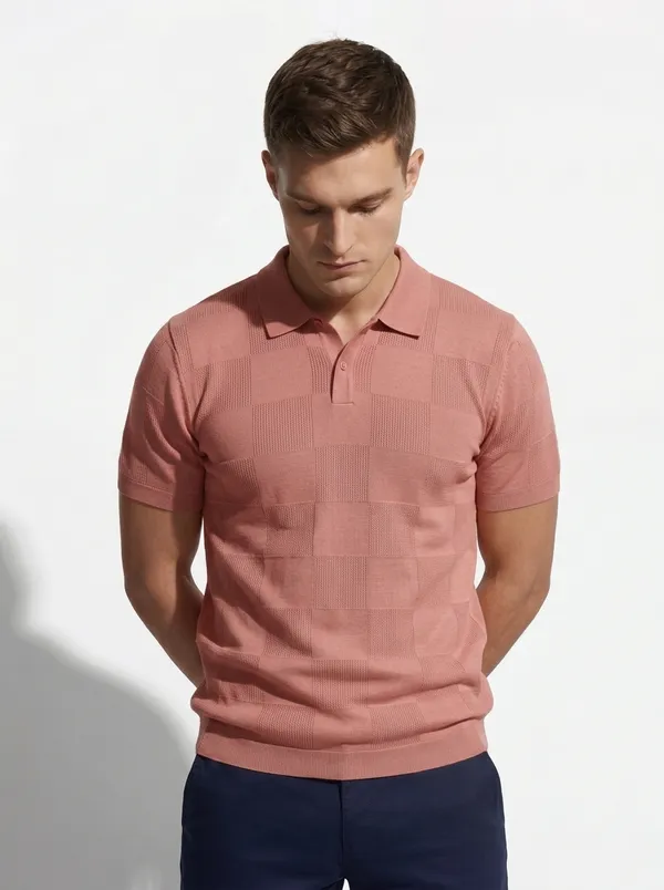 Salmon_Peach_Checks_Textured_Knitted_Polo