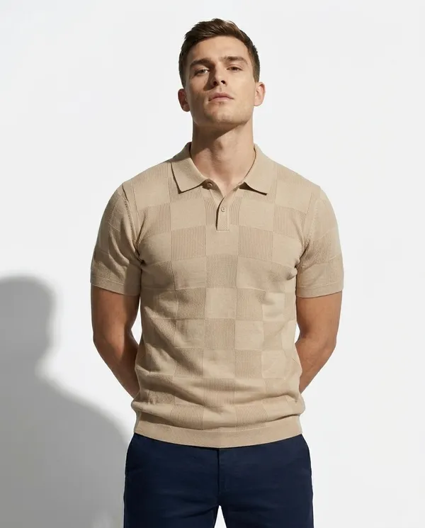 Sandstone_Beige_Checks_Textured_Knitted_Polo