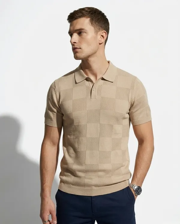 Sandstone_Beige_Checks_Textured_Knitted_Polo