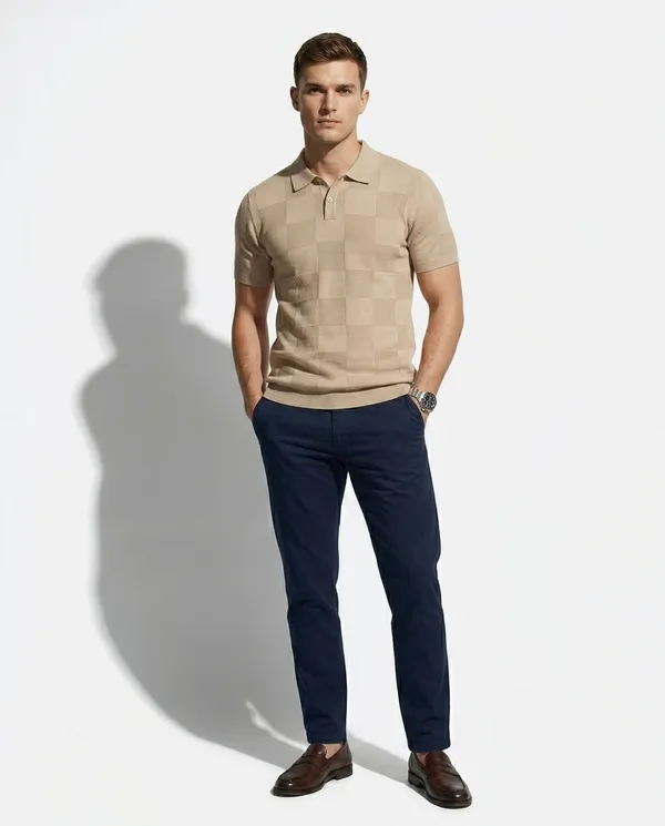 Sandstone_Beige_Checks_Textured_Knitted_Polo