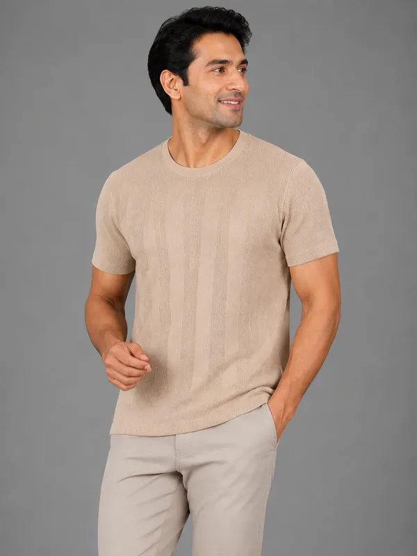 Light_Beige_Snake_Xenzia_Ribbed_Knit_Crew_Neck_T-Shirt_For_Men