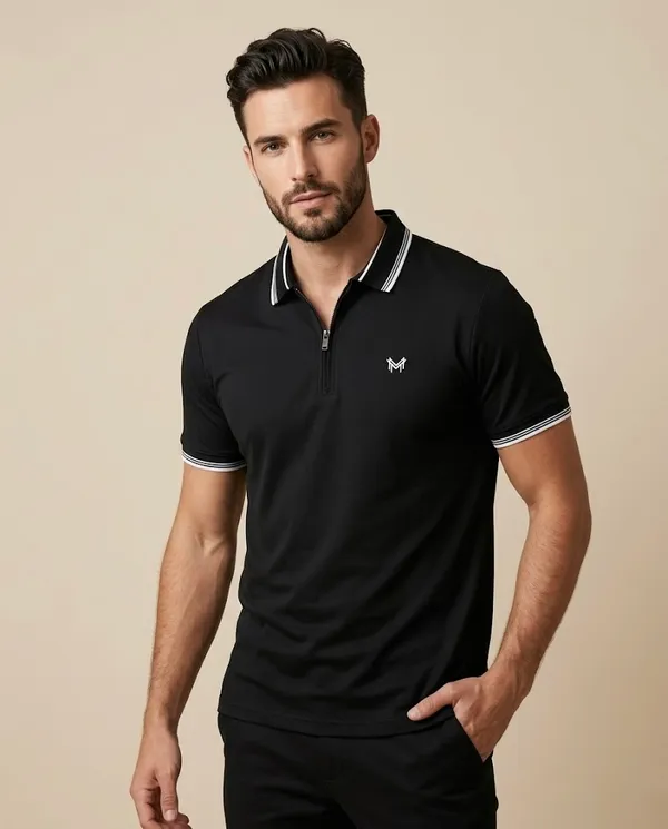 Black_Cotton_Tipped_Polo_Shirt_With_Zip_T-Shirt_For_Men