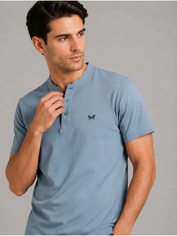 Sky_Blue_Classic_Henley_Collar_T-Shirt_For_Men