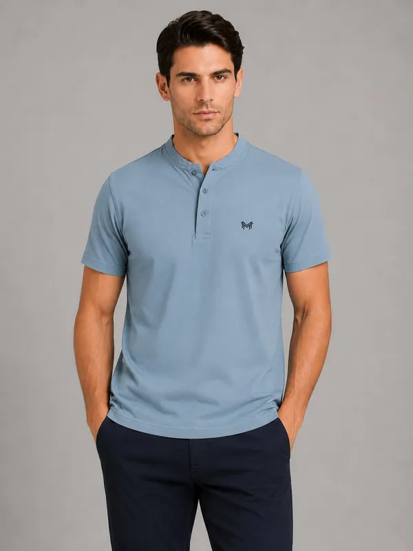 Sky_Blue_Classic_Henley_Collar_T-Shirt_For_Men