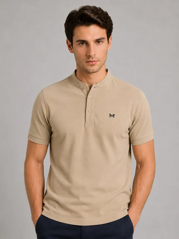 Beige_Classic_Henley_Collar_T-Shirt_For_Men